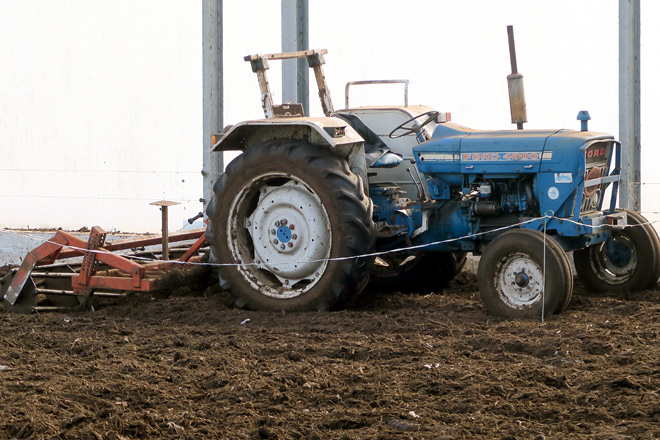 Empregan un tractor cunha grade para mover diariamente o compost da cama das vacas