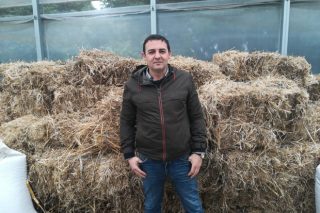Gerardo Lázara xunto algunhas pacas de cáñamo industrial.