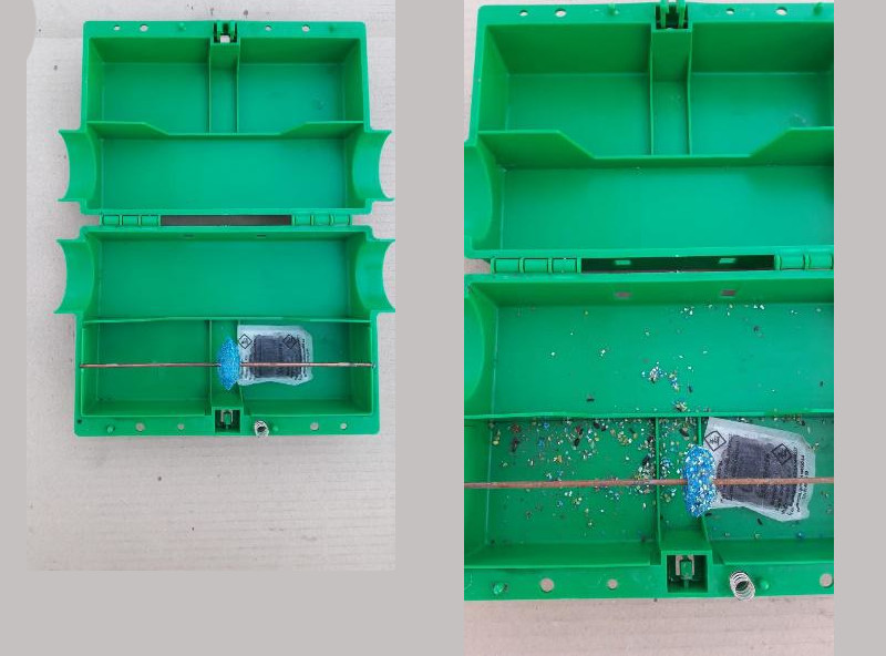 Caja portacebo con el bloque de Klerat Block XT a la izquierda. Final del ensayo mostrando el consumo del bloque, a la derecha