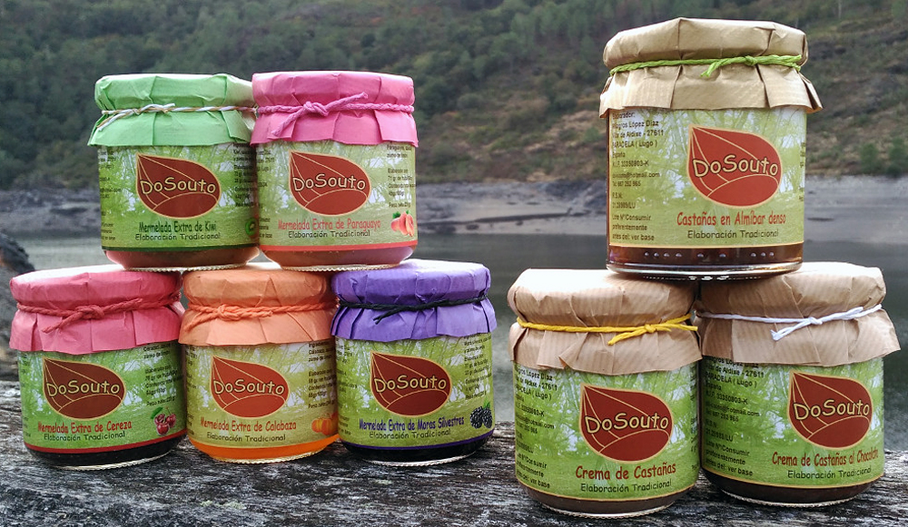 Gama de produtos DoSouto, que inclúe derivados de castaña e marmeladas de froitas