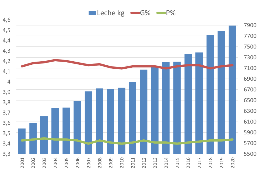 Desenvolvemento en termos de produción leiteira durante os últimos 20 anos. Media actual supera o 8.000 kg mantendo porcentaxes constantes en graxa e proteina; o que nos permite afirmar que esta raza produce leite en cantidade e calidade.