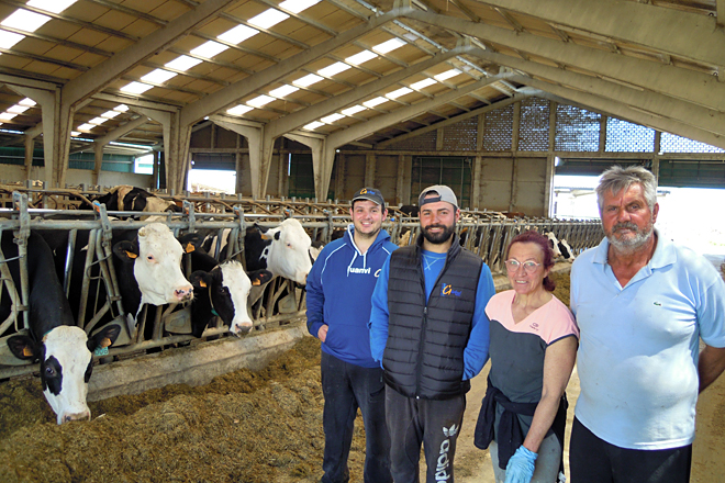Lorenzo, Genma, Sergio e Iván en la nave de producción de la ganadería con sus vacas procross