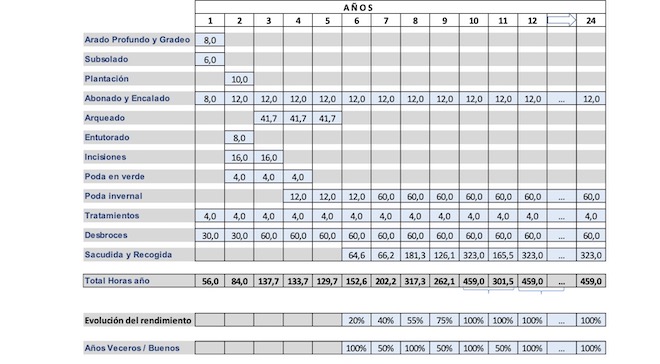 Horas de traballo que requiren as distintas tarefas no pomar. // Datos GB Auditoría.
