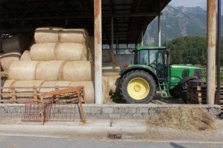 Tractor y rollos de hierba en una nave de la granja.