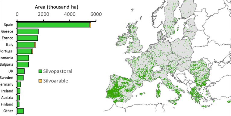 Mapa de ubicación dos sistemas agroforestais na UE. (Fonte den Herder et al. 2017)