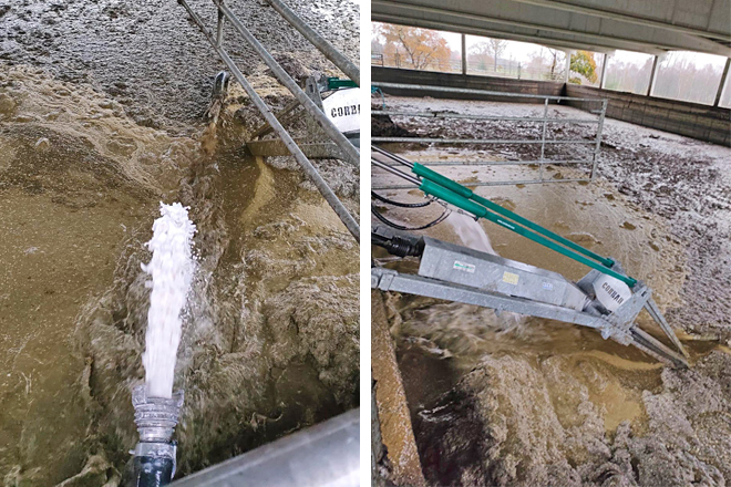Incorporación de Calcimag Flow a una balsa de purín, donde se recomienda su permanencia de 4 a 8 semanas