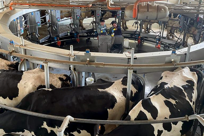 Sala de muxido rotativa de Gandería Barbeiro no establo de Arante (Ribadeo)