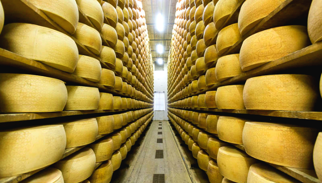 Cámara de secado en una quesería de la denominación de origen Grana Padano en Cremona