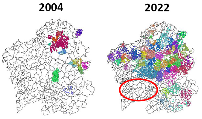 Mapa de distribución actual de las 52 ADSG existentes en Galicia