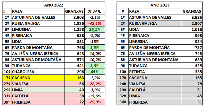 cadro evolución granxas razas vacun de carne en España 2013-2022