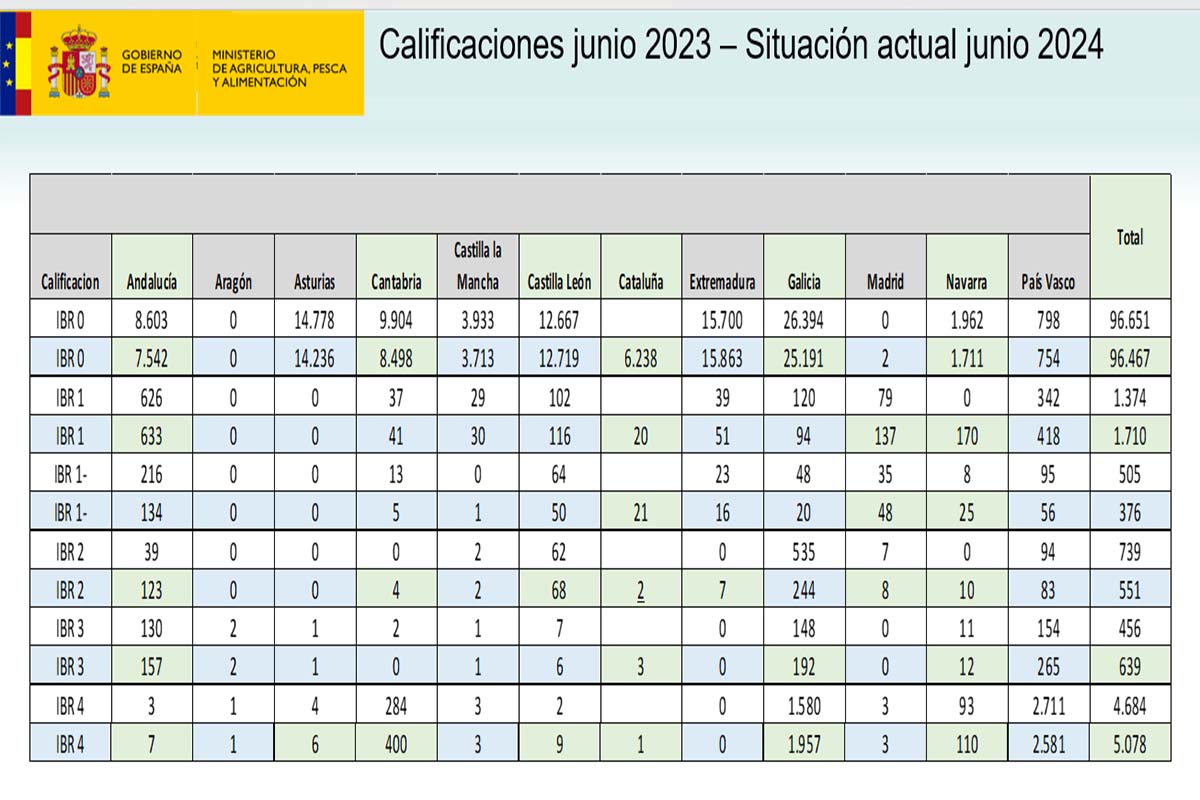 Gráfico de evolución do IBR nun ano. Na fila azul xuño de 2024 e a fila branca xuño de 2023. As CCAA que nalgunha das clasificacións. Imaxe de Villacieros