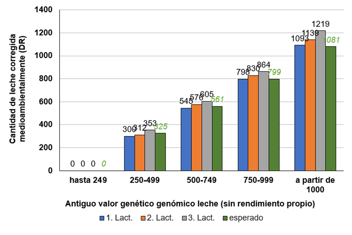 Imaxe 6: Rendemento lácteo medio ou teoricamente esperado corrixido medioambientalmente (datos de abril 2024), agrupado polo histórico dos valores xenéticos nun só paso para a vida útil a partir de abril 2021 como bovino novo/xovenca