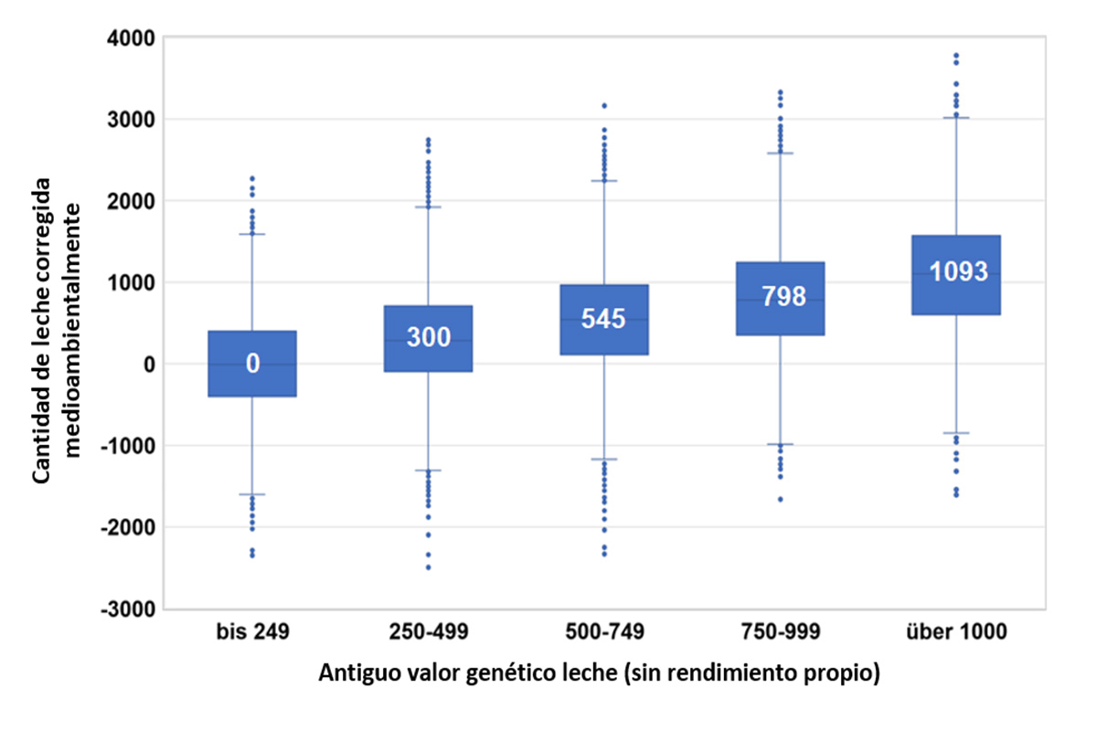 Imaxe 7: relación entre VG xenómico como bovino novo (abril 2021) e rendemento de primeira lactación como vaca corrixida medioambientalmente (datos de abril 2024) como representación do diagrama de caixa (no recadro azul atópase o 50 % medio dos datos, as antenas ou puntos indican o ancho de dispersión)