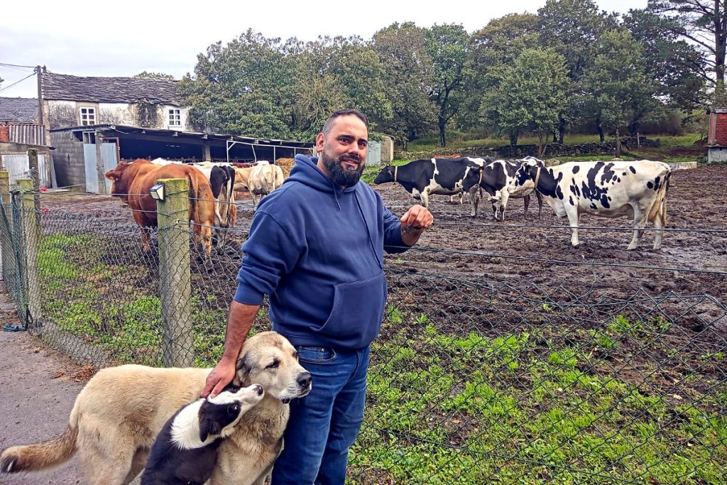 Sergio, coas vacas de leite que mantén como complemento á granxa de porcos